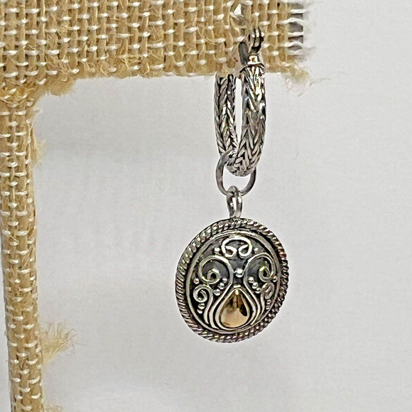 Signed BA Sterling Silver 18k Gold Hoop Earrings w/ Charm Byzantine Balinese - Picture 4 of 6